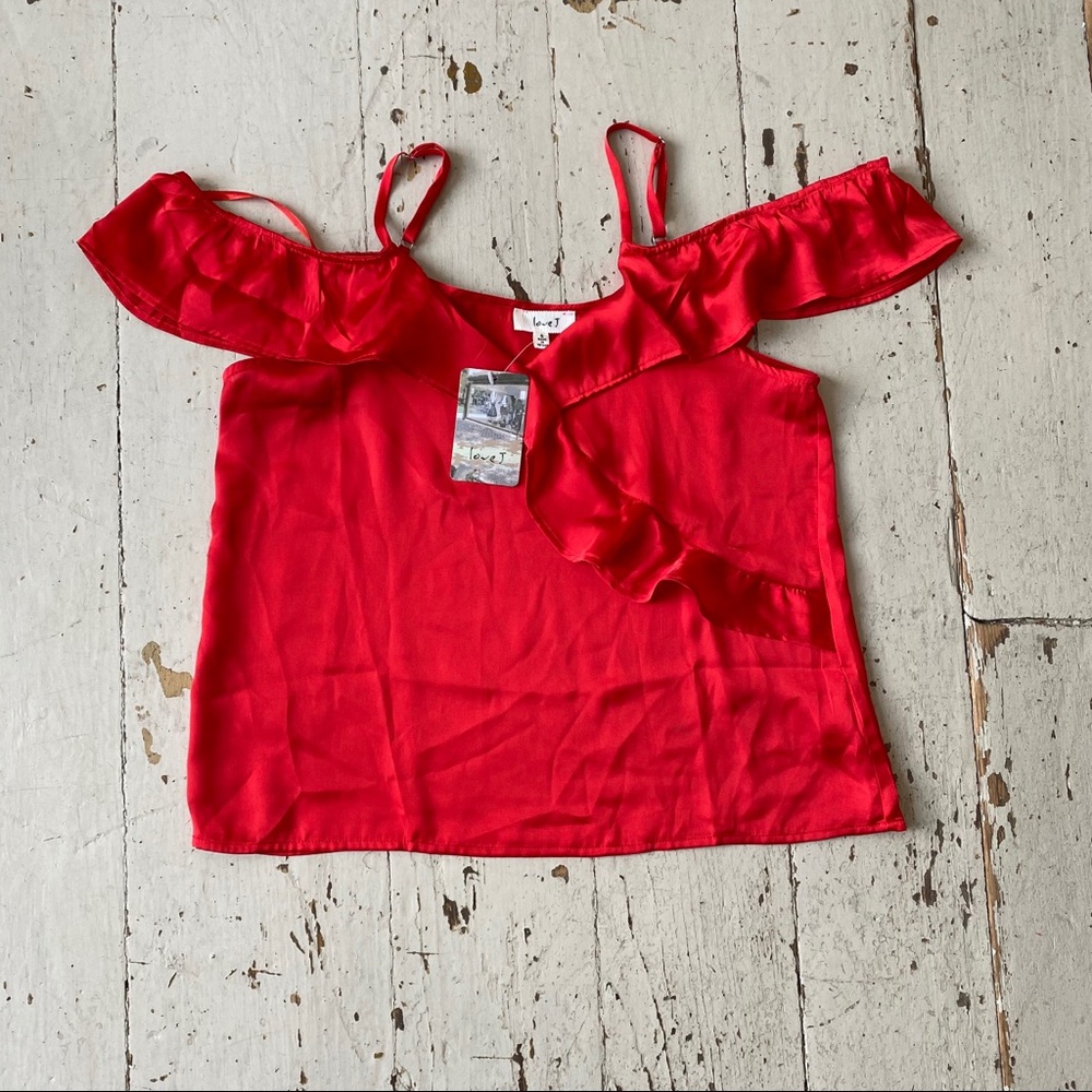 Love J Red Satin Ruffle Crop Top NWT Small